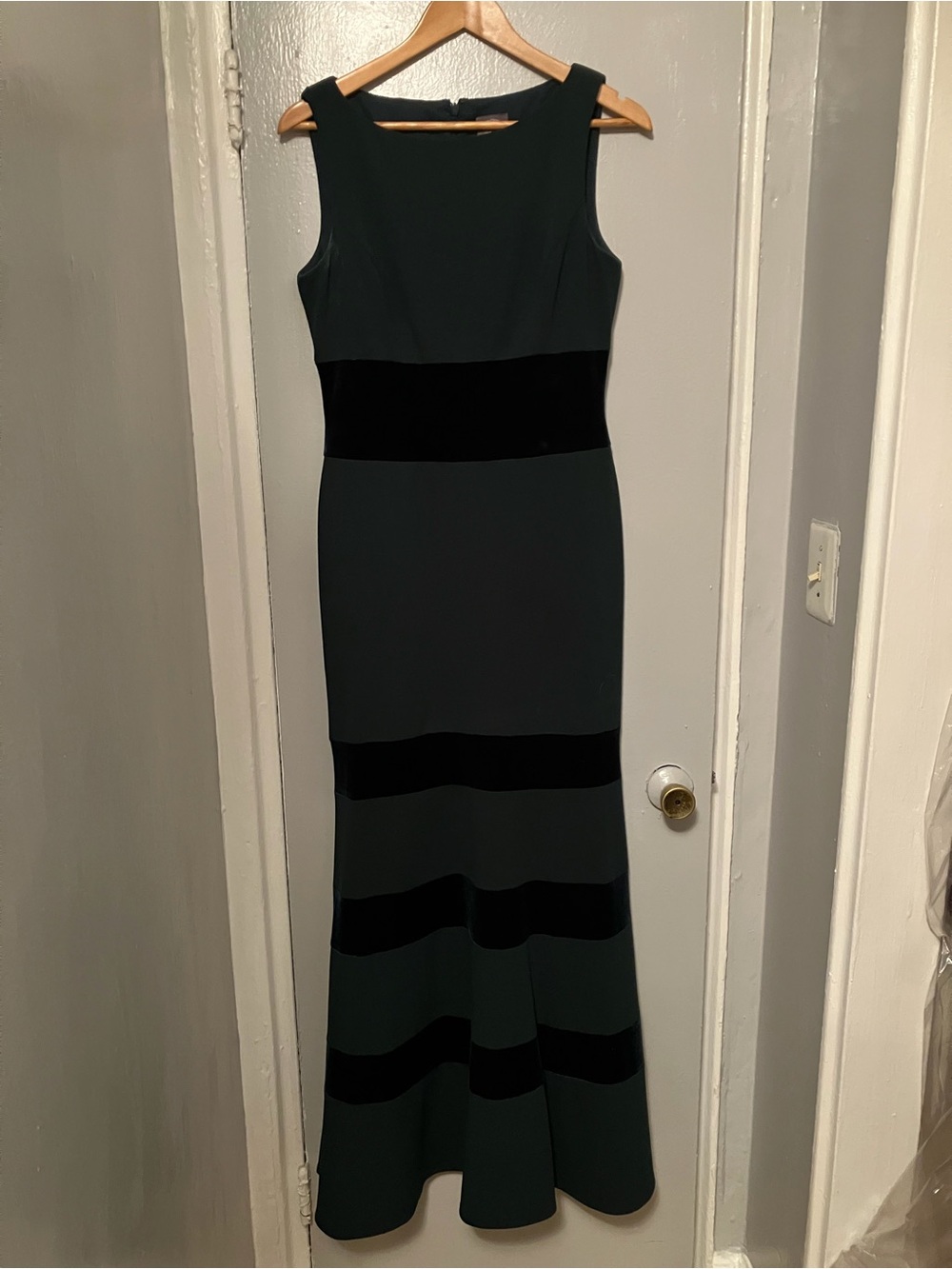 Vince Camuto Dark Green Maxi Dress with Black Velvet Bands